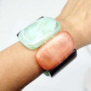 Multicolor Lucite & Faux Wood Large Chunky Beads Stretch Bracelet Vintage